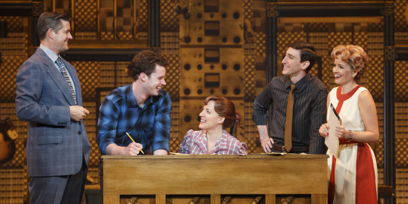 Don Kirshner (Curt Bouril). Gerry Goffin (Liam Tobin), Carole King (Abby Mueller), Barry Mann (Ben Fankhauser) and Cynthia Weil (Becky Gulsvig) discuss a song in progress around the piano. 