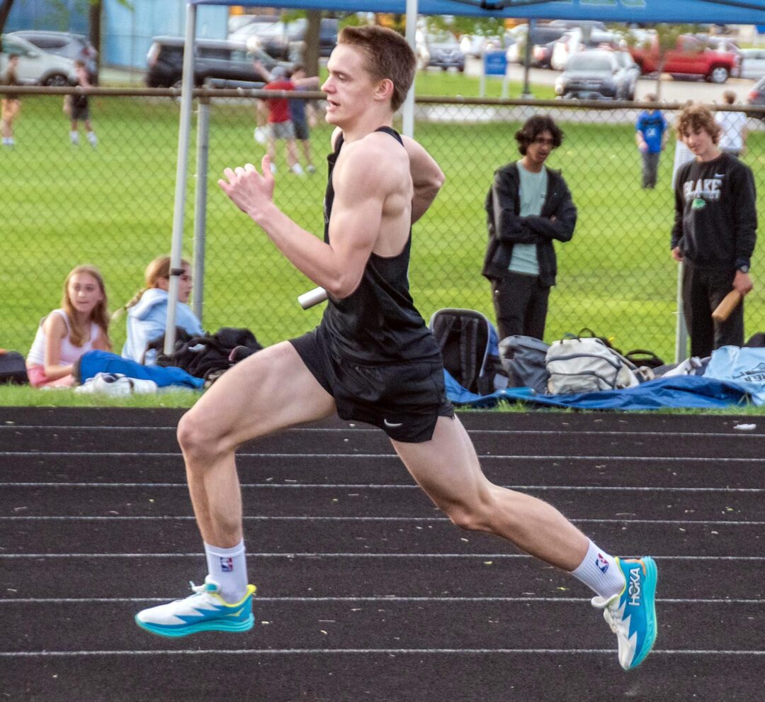 Hamburge also competed in a relay at Blake. Photo by Ezra Victor.